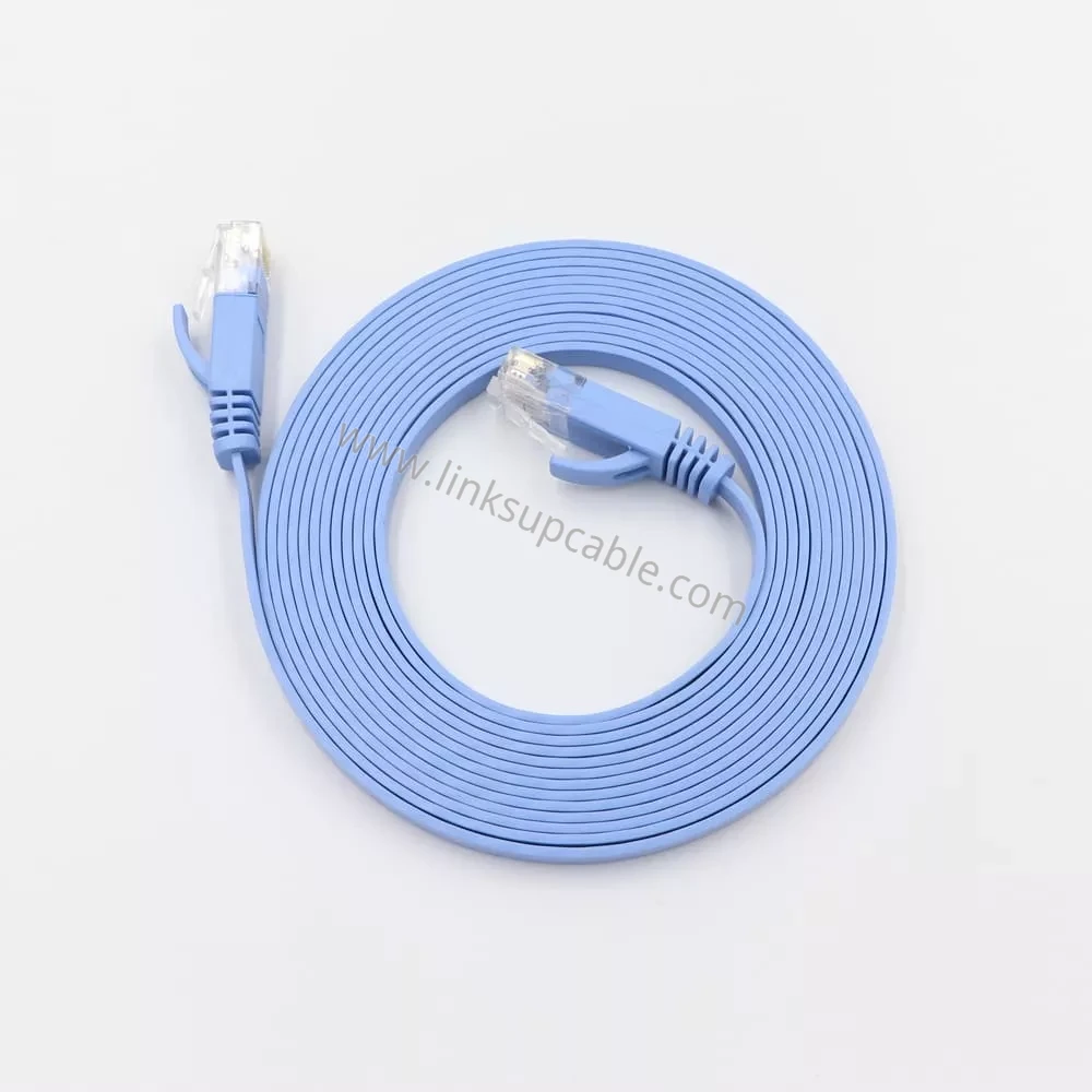 Cat6 Flat Ethernet Patch Cable — 1Gbps 550MHz UTP RJ45 Cord, Custom Color & Length 4 Navy blue Cat6 flat patch cord with gold-plated RJ45 plugs and moulded strain relief boots