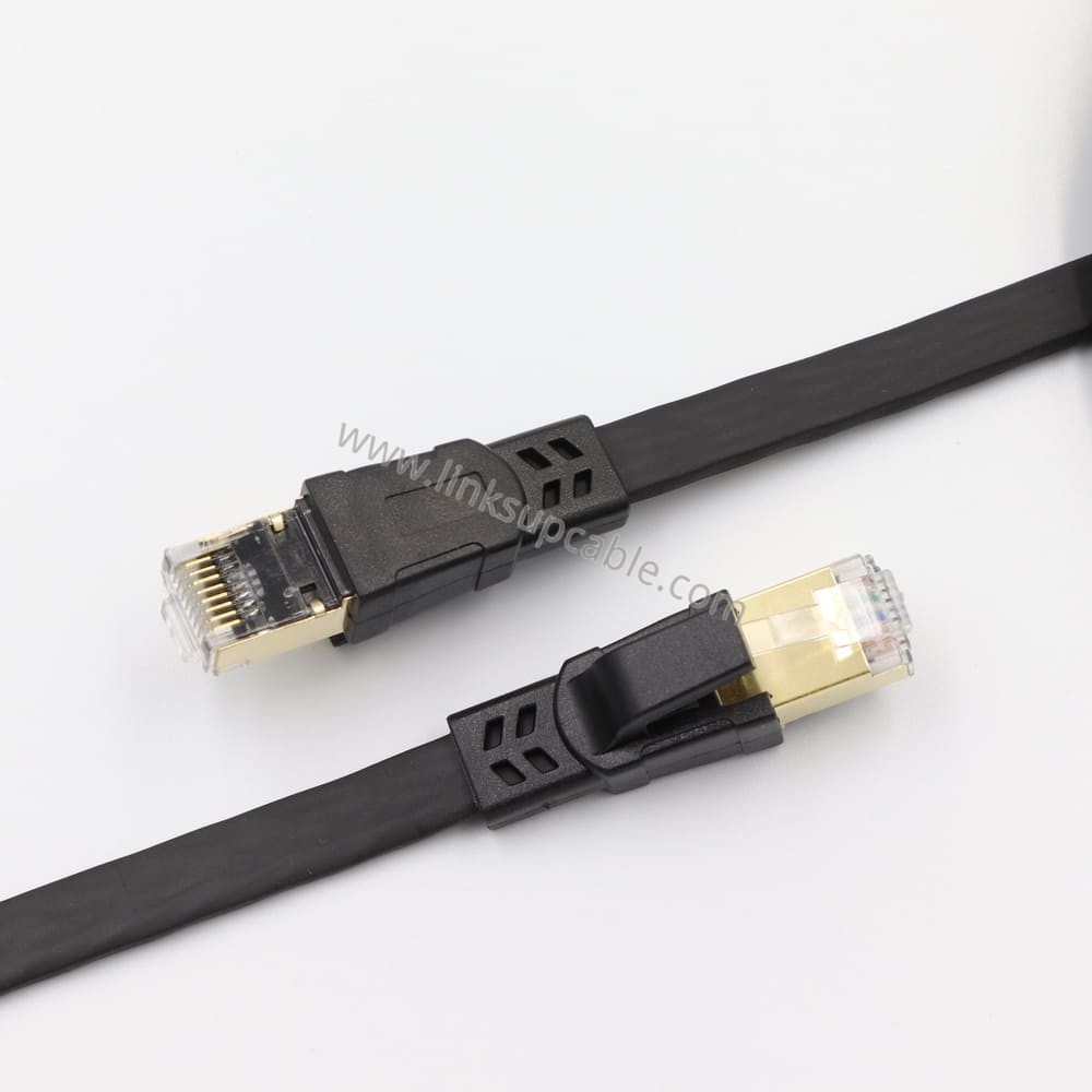 Cat8 Flat Ethernet Patch Cable — 40Gbps 2000MHz S/FTP Shielded RJ45 Cord 3 Coiled black S/FTP Cat8 flat ethernet patch cable 2000MHz with molded strain relief boots