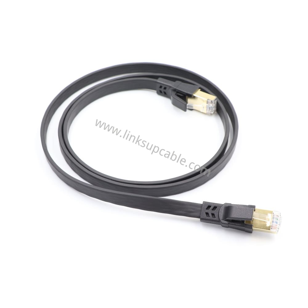Cat8 Flat Ethernet Patch Cable — 40Gbps 2000MHz S/FTP Shielded RJ45 Cord 2 Two Cat8 flat patch cords plugged into a router LAN port for 40Gbps home and office networking