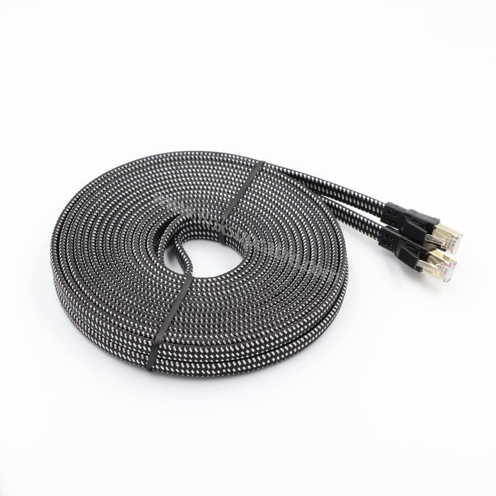 Cat8 Braided Flat Ethernet Cable — 40Gbps Shielded RJ45 Long LAN Cord, 5–30m 2 Cat8 flat Ethernet cable coiled with orange anti-kink boots and shielded gold-plated RJ45 connectors