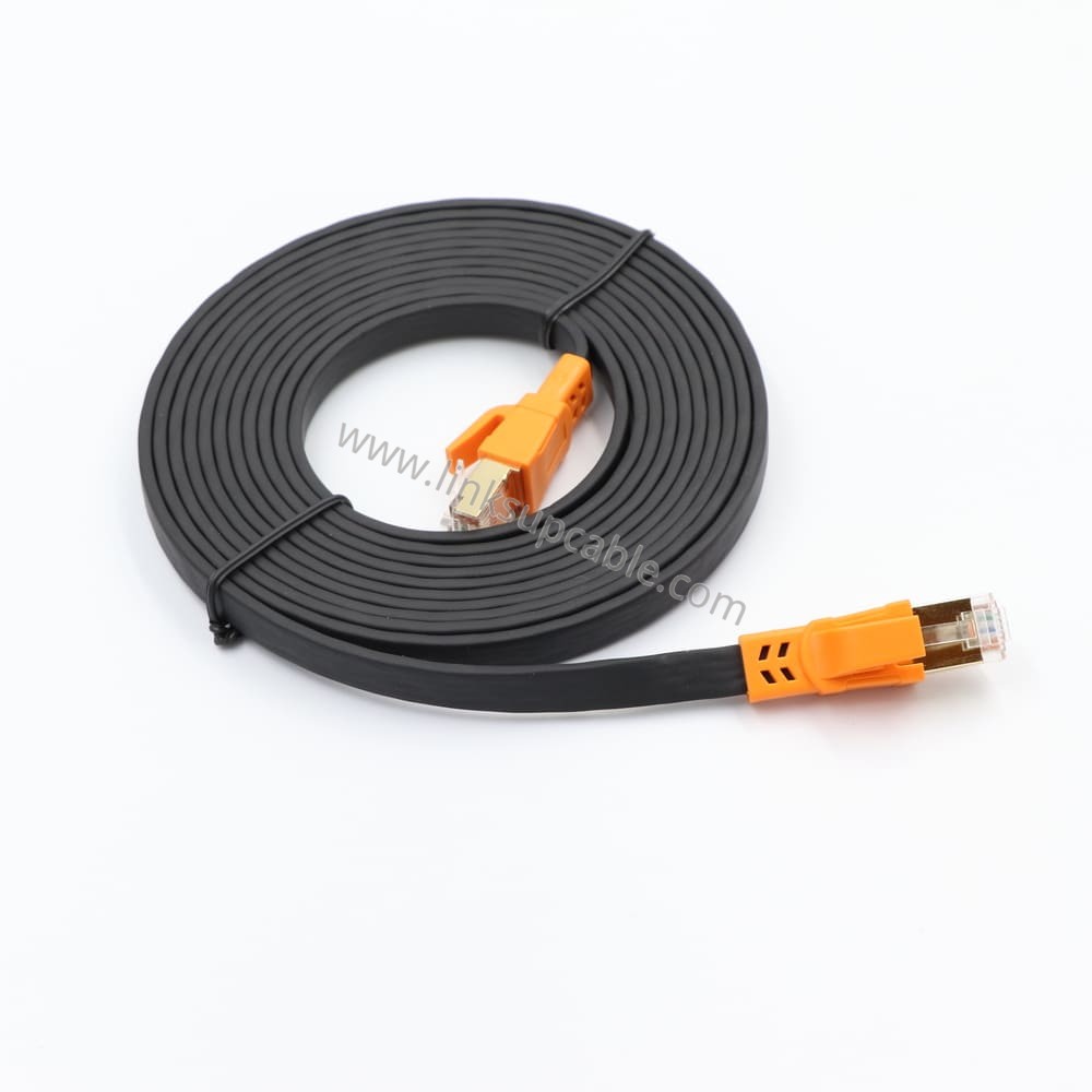 Cat8 Braided Flat Ethernet Cable — 40Gbps Shielded RJ45 Long LAN Cord, 5–30m 1 Long black Cat8 flat Ethernet cable coil with S/FTP shielded RJ45 plugs for 40Gbps networking