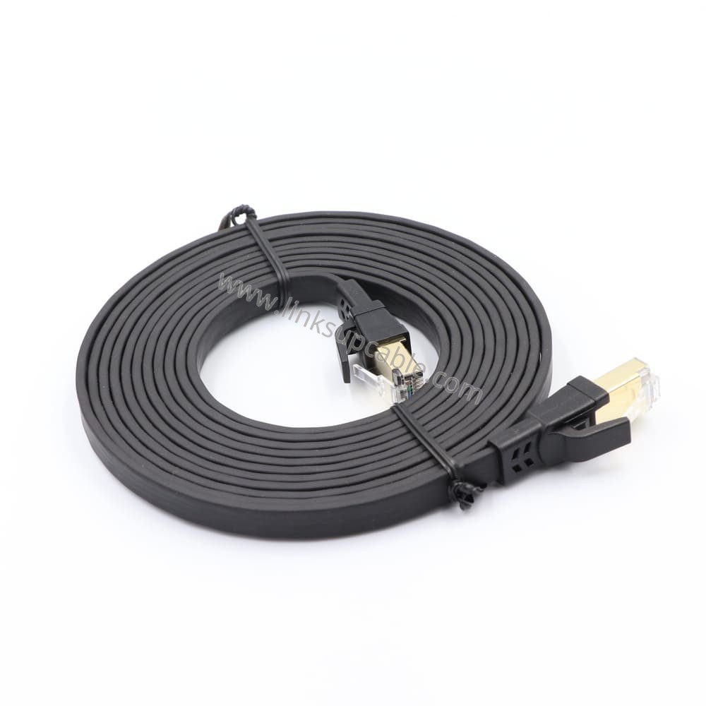 Cat8 Braided Flat Ethernet Cable — 40Gbps Shielded RJ45 Long LAN Cord, 5–30m 3 Close-up of Cat8 cable metal RJ45 connector with laser-printed CAT8 marking and 50U gold-plated contacts