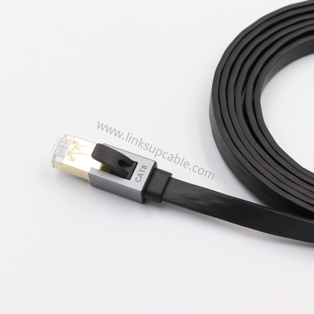 Cat8 Braided Flat Ethernet Cable — 40Gbps Shielded RJ45 Long LAN Cord, 5–30m 4 Cat8 nylon braided Ethernet cable in black and white weave with shielded gold-plated RJ45 connectors