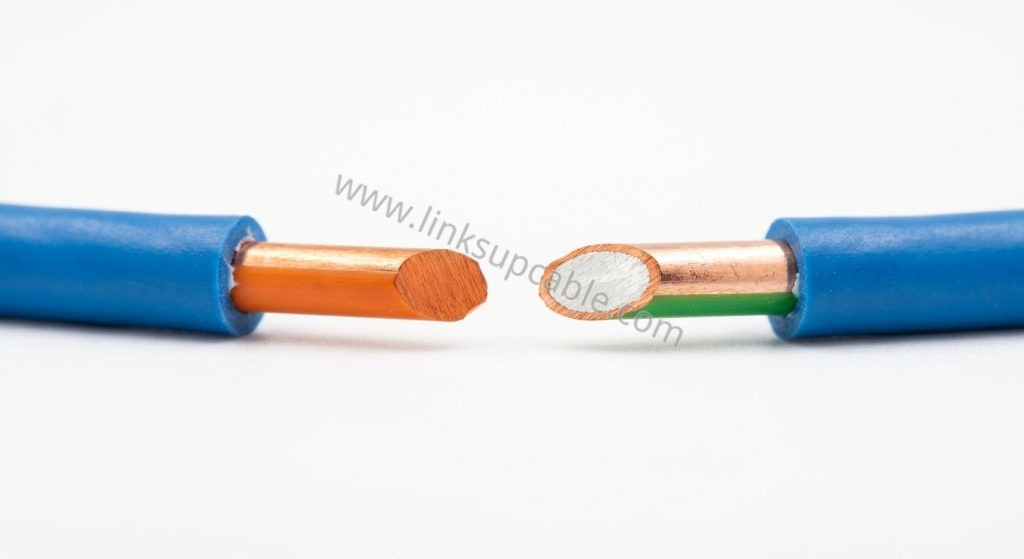 Bare copper ethernet conductor compared with copper clad aluminium CCA conductor showing silver aluminium core