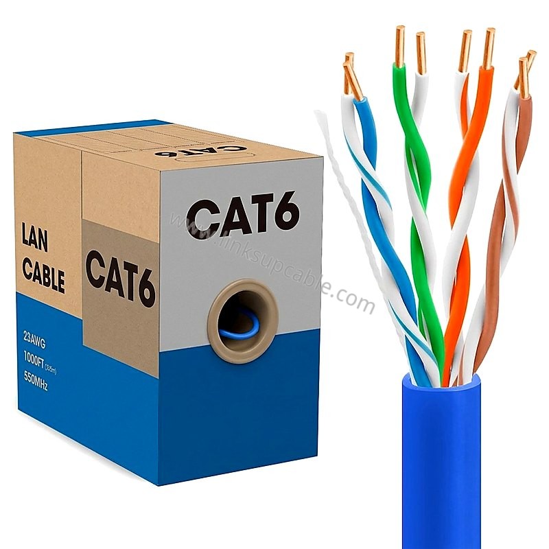 Cat6 / Cat6A Bulk Ethernet Cable 1000ft — 23AWG Solid Bare Copper, CMR Riser 1 Cat6 bulk ethernet cable 1000ft box with blue UTP cable showing four twisted pairs of bare copper conductors