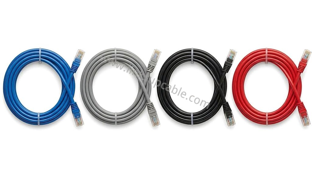 Cat6 Cat6A Cat7 and Cat8 ethernet cables compared side by side in blue grey black and red