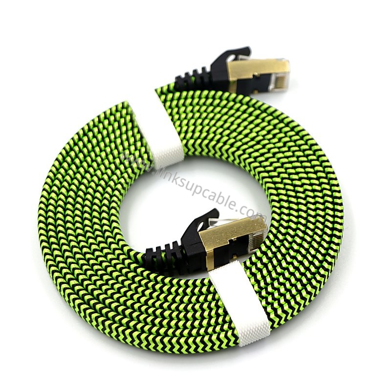 Cat6A Slim Flat Ethernet Cable — 10Gbps 500MHz Shielded RJ45 Patch Cord 3 Green braided Cat6A slim patch cable 10Gbps with gold-plated shielded RJ45 plugs and snagless boots