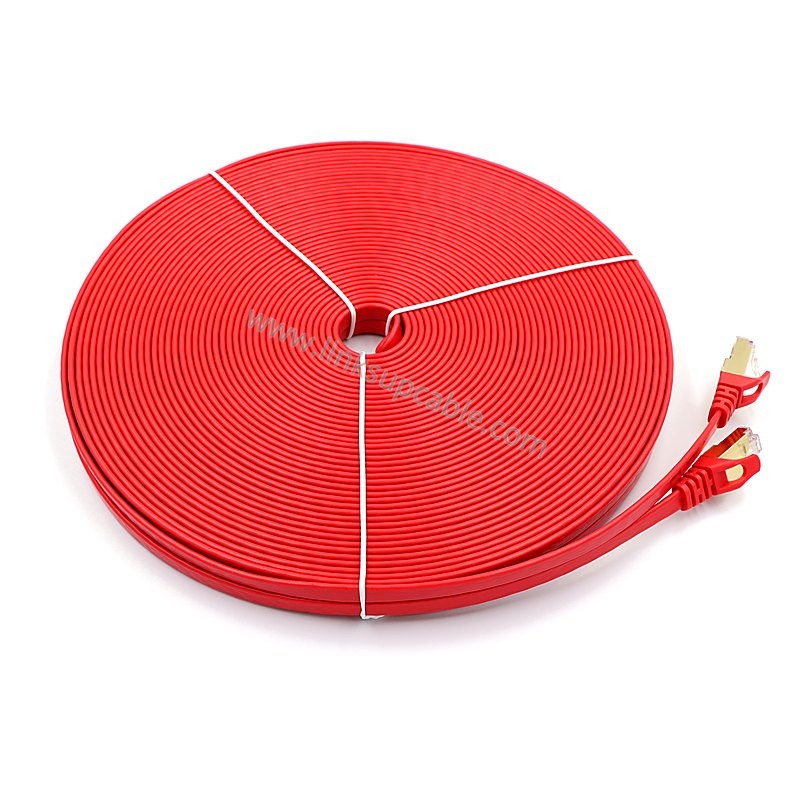 Cat6A Slim Flat Ethernet Cable — 10Gbps 500MHz Shielded RJ45 Patch Cord 4 Long red Cat6A flat Ethernet cable coil for 10G structured cabling and PoE++ installations