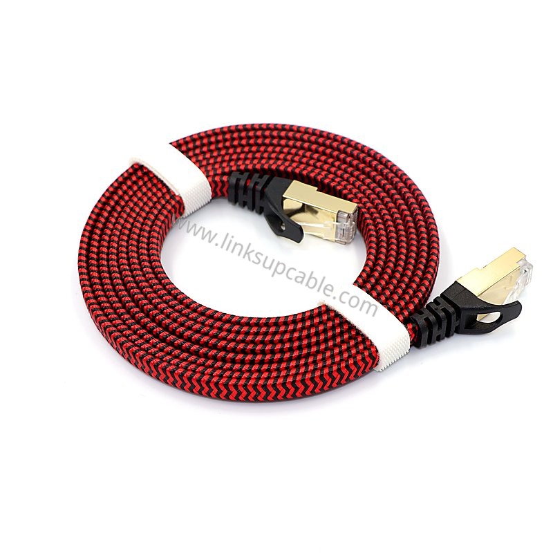 Cat6A Slim Flat Ethernet Cable — 10Gbps 500MHz Shielded RJ45 Patch Cord 1 Cat6A slim flat Ethernet cable in red braided jacket with shielded gold-plated RJ45 connectors