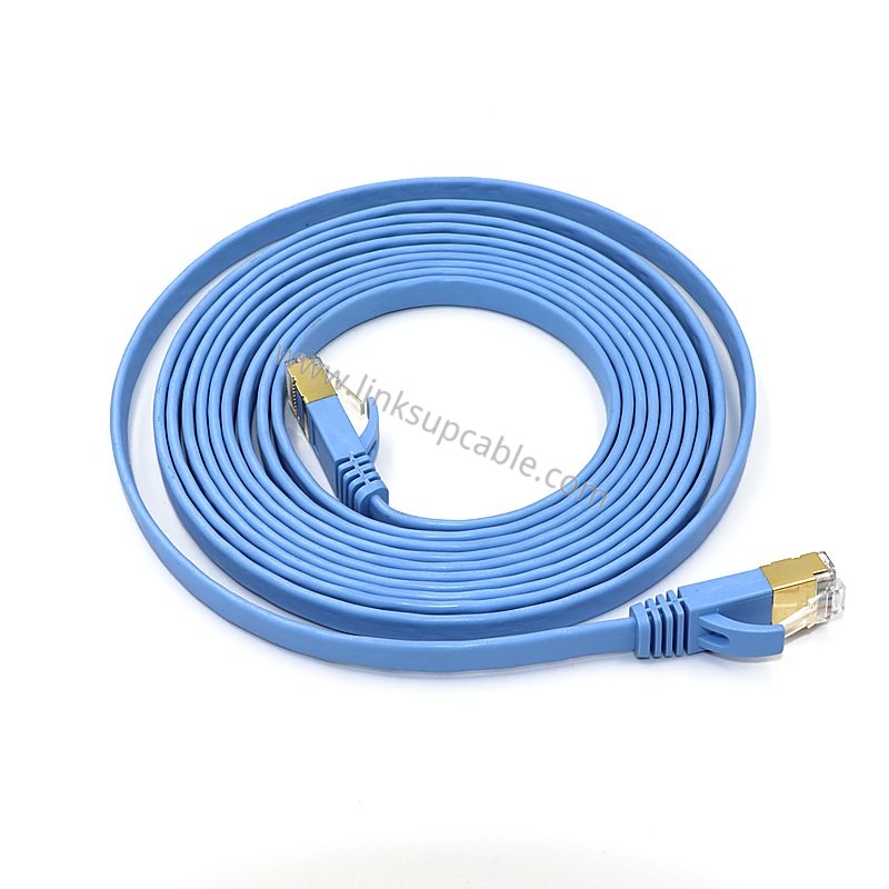 Cat6A Slim Flat Ethernet Cable — 10Gbps 500MHz Shielded RJ45 Patch Cord 2 Blue Cat6A slim flat patch cord 500MHz shielded with anti-kink snagless strain relief boot